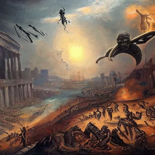 Prompt: alien invasion, fall of rome, epic painting