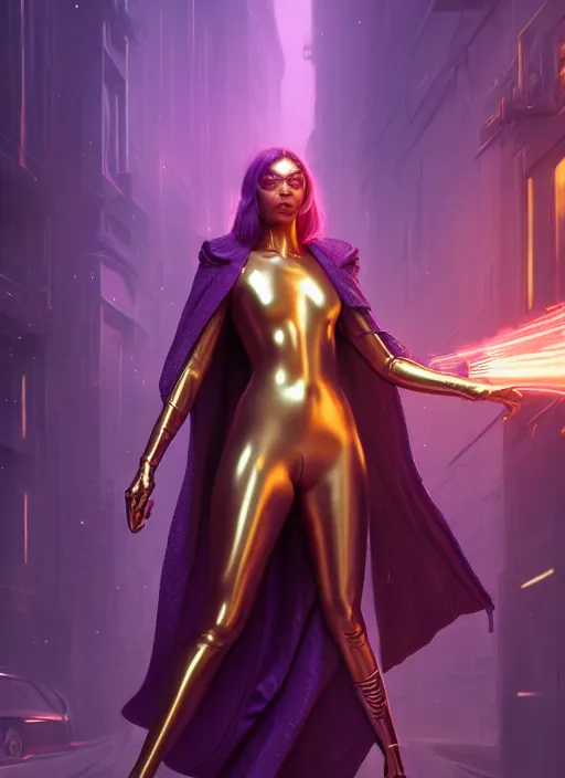 Image similar to young woman : : purple - gold streets cyberpunk : : weta disney pixar movie still photo : : decadent highly - detailed digital painting, heroic pose, full length shot, golden ratio, octane render, artstation, smooth, sharp focus, artgerm, mucha, loish, wlop, gogo