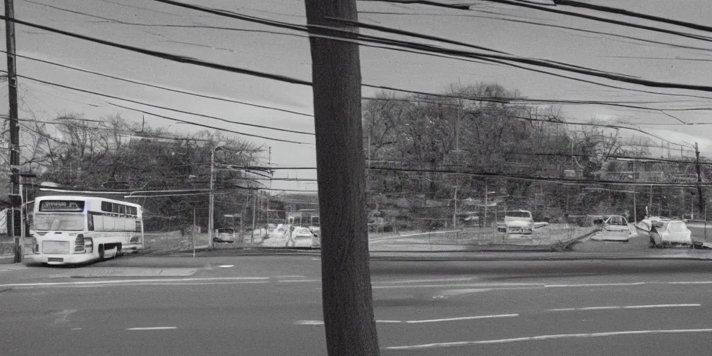 Prompt: telephone wires out of a bus window, leica, 2 4 mm lens, cinematic screenshot from the 2 0 0 1 surrealist film directed by charlie kaufman, kodak color film stock, f / 2 2, 2 4 mm wide angle anamorphic