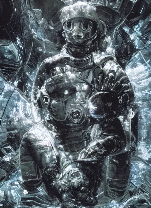 Image similar to astronauts in dark and empty void underwater - complex and hyperdetailed technical suit. reflection and dispersion materials. rays and dispersion of light. volumetric light. 5 0 mm, f / 3 2. noise film photo. flash photography. ultra realistic, wide angle. poster by wayne barlowe, hajime sorayama aaron horkey, craig mullins
