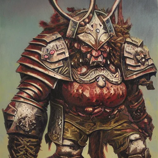 Image similar to ogre warrior wearing plated armor who is holding a battle axe in the style of warhammer fantasy : : head and torso oil painting