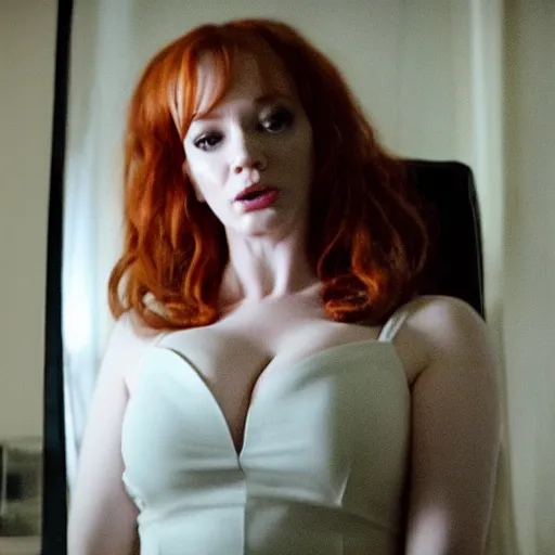 Prompt: amazing beautiful Christina Hendricks with mouth wide open in the living room, film still from the movie directed by Denis Villeneuve , wide lens