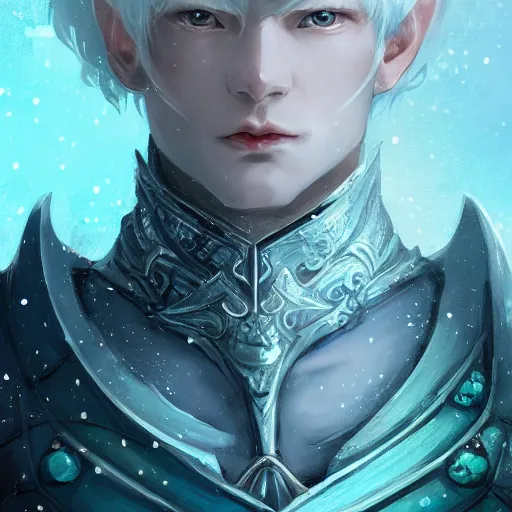 Image similar to half length portrait of a handsome male snow elf in a turquoise cape and silver ornate armour as an archer, albino skin, winter vibes, perfect face, elegant, very coherent symmetrical artwork, atmospheric lighting, rule of thirds, by wenjun lin, krenz cushart, charlie bowater, trending on artstation