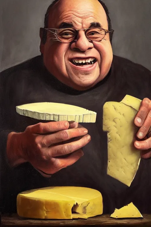 Image similar to oil portrait of angry danny devito eating an entire wheel of cheese, reddit moderator, epic, cinematic, elegant, highly detailed, featured on artstation