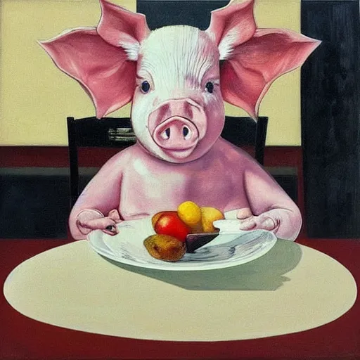 Prompt: “a portrait in an art student’s apartment, a feminine pig sitting at a dining table, pork, ikebana white flowers, white wax, squashed berries, acrylic and spray paint and oilstick on canvas, by munch and Dali”