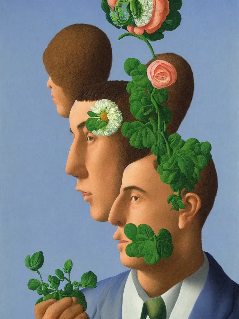 Image similar to portrait of a flower man by rene magritte, detailed painting, hd, hq, high resolution, high detail, 4 k, 8 k