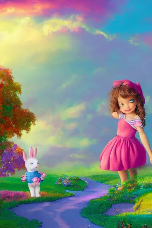 Image similar to matte sharp painting cute little girl and rabbit landscape painted by mark rydel artstation behance storybook lisa frank