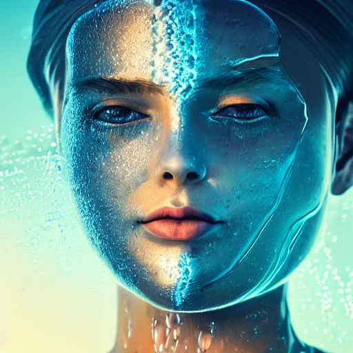 Prompt: water artwork manipulation in the shape of a human head, on the ocean water, futuristic, abstract art, glowing, gradient, hyper realistic, ray tracing, realistic water, sharp focus, long shot, 8 k resolution, cinematic, photoshop water art