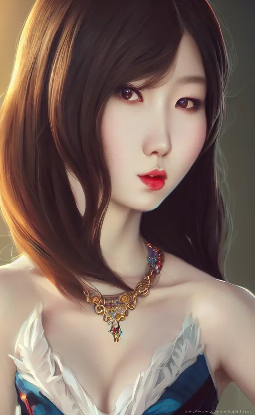 Image similar to a pin up and beautiful fashion charming dreamlke korea girl with lv jewelry, character art, art by artgerm lau and kyoung hwan kim and and ilya kuvshinov and john singer sargent, hyperdetailed, 8 k realistic, symmetrical, frostbite 3 engine, cryengine, dof, trending on artstation, digital art