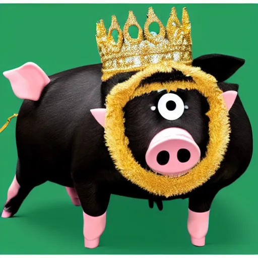 Image similar to pig wearing a gold crown in the style of sesame street