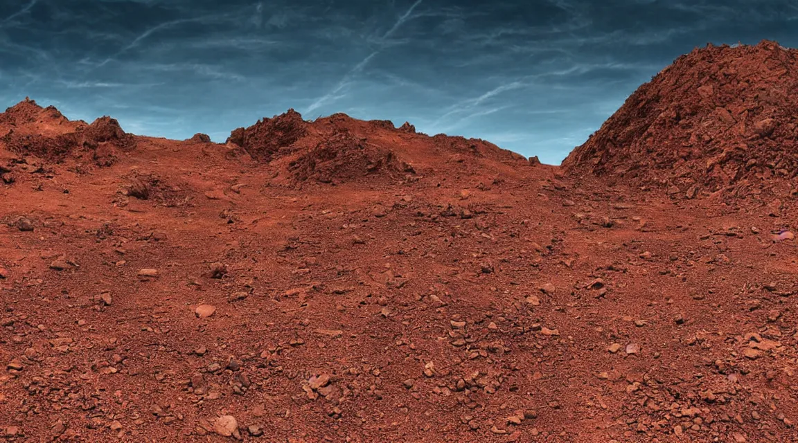 Image similar to stunning large format photograph, beautiful cinematic perspective of a dramatic martian mountainside, reddish brown color scheme rocks and soil and distant mountains, variegated soil, smooth clear blue sky, in the style of jeff wall, hazy sunlight, crisp details, 10k with post-processing
