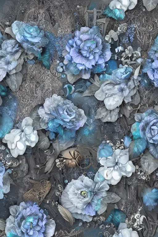 Prompt: beautiful digital matte painting of whimsical botanical illustration beautiful blue and gray flowers enchanted dark background dark contrast by android jones, steampunk