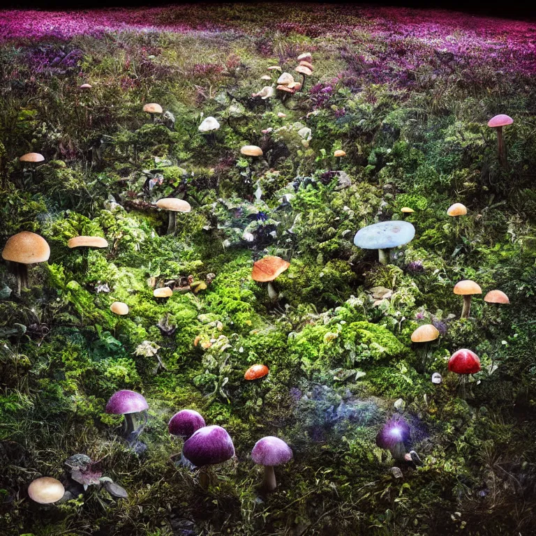 Image similar to a planet of various fungus, mushrooms, flowers and plants, inside the picture is infinity, Atmospheric, artistic photography, conceptual, long exposure outside the city, volumetric light