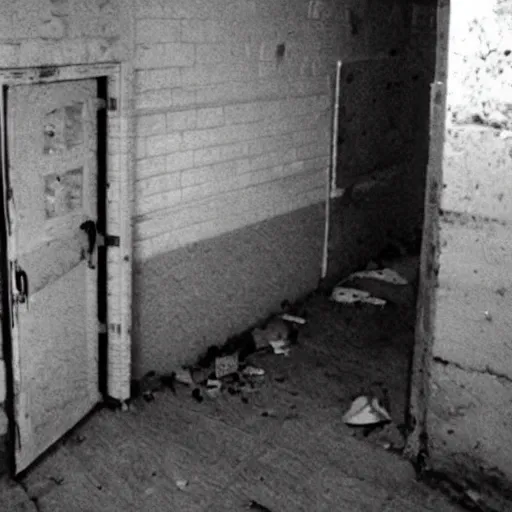 Image similar to terrifying ghosts in abandoned prison, security camera, black and white, real