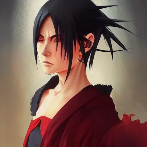 Image similar to itachi uchiha, red glowing eyes, intricate, elegant, highly detailed, digital painting, artstation, concept art, smooth, sharp focus, illustration, art by artgerm and greg rutkowski and alphonse mucha