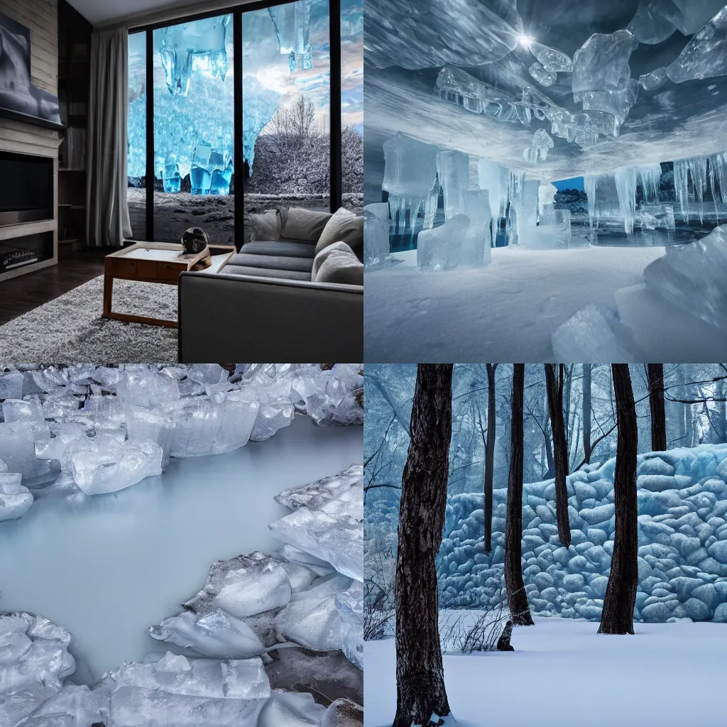 Prompt: a photograph of a living room filled with ice, dramatic, calm, 4k, high-resolution, near forest