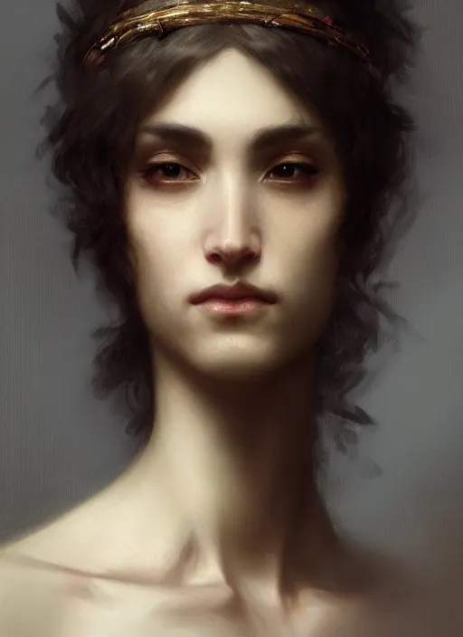 Image similar to Portrait of a handsome person that is half woman half man, intricate, elegant, highly detailed, artstation, concept art, smooth, sharp focus, illustration, art by and greg rutkowski and orientalism and bouguereau