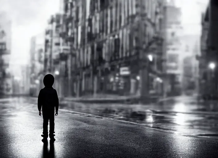 Image similar to boy from the back with a black hoodie and from the background an angel stares at him, empty city street at night, heavy rain, cars parked, dramatic lighting, cinematic, establishing shot, extremly high detail, photorealistic, cinematic lighting, epic fight scene, post processed