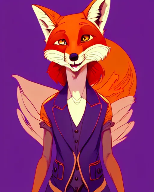 Image similar to don bluth, loish, artgerm, joshua middleton, steampunk, clockpunk anthropomorphic fox girl, purple vest, smiling, symmetrical eyes symmetrical face, colorful animation forest background