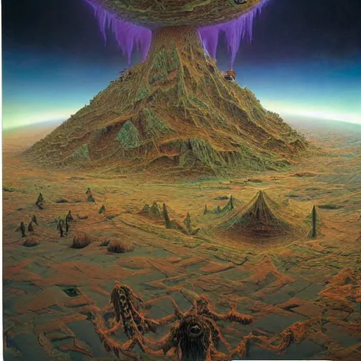 Prompt: a hybrid of the mandelbox and a barren hellscape populated by demons, illustrated by thomas kincade and wayne douglas barlowe and chris foss, hyperrealism