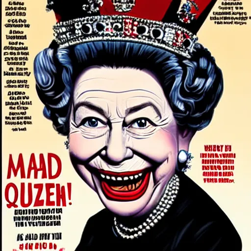 Prompt: mad magazine cover photo portrait caricature queen elizabeth ii
