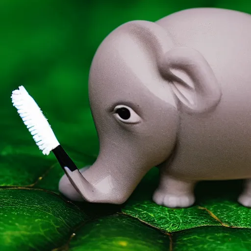 Image similar to macro photo little green elephant cleaning with toothbrush, fisheye, realistic, dramatic