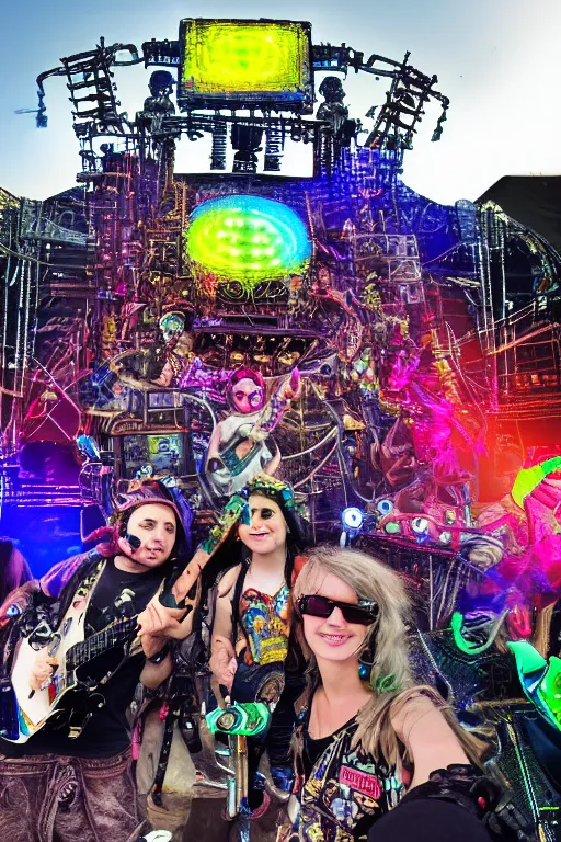 Image similar to a selfie at an outdoor festival stage with audience, on stage is a rockband with 3 steampunk robots with guitars and drums, center of the stage is a big steampunk generator, laser show, 8 k, fluorescent colors, halluzinogenic, multicolored, exaggerated detailed, unreal engine, 8 0 mm lens