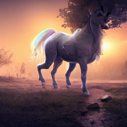 Image similar to a iridescent unicorn is injured, footsteps of blood follows behind it, toxic glowing smog in the sky, ultra realistic, concept art, intricate details, highly detailed, photorealistic, octane render, 8 k, style of mary jackson