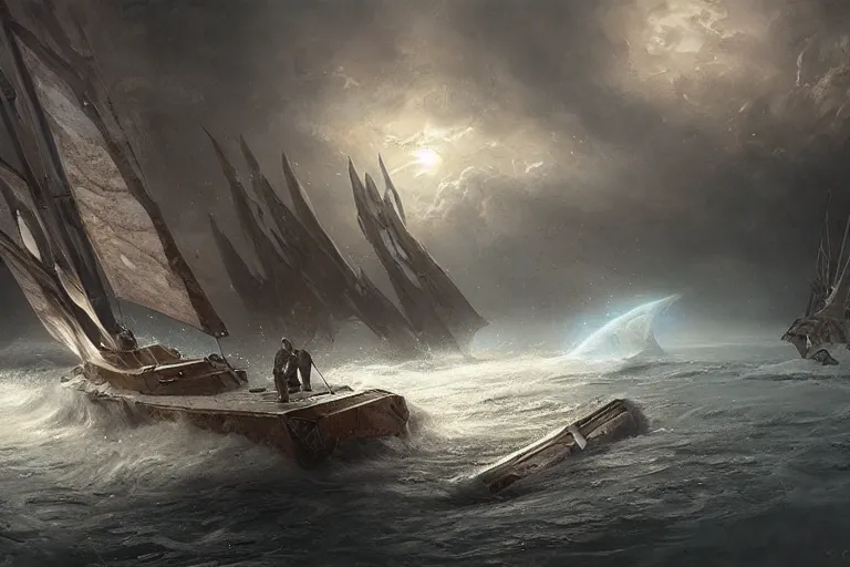 Prompt: Scylla and Charybdis and a Trireme by Jessica Rossier and HR Giger cinematic concept painting