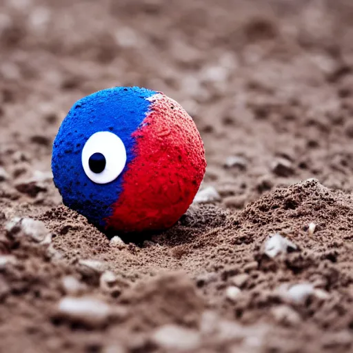 Image similar to photo of a ball of dirt with tiny legs, round blue eyes, a red clown nose, and a cute smile, creature made of dirt and soil