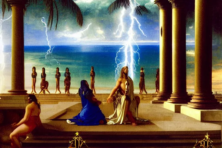 Prompt: The Magician on front of balustrade and palace columns, refracted lightnings on the ocean, thunderstorm, tarot cards characters, beach and Tropical vegetation on the background major arcana sky and occult symbols, by paul delaroche, hyperrealistic 4k uhd, award-winning, very detailed paradise