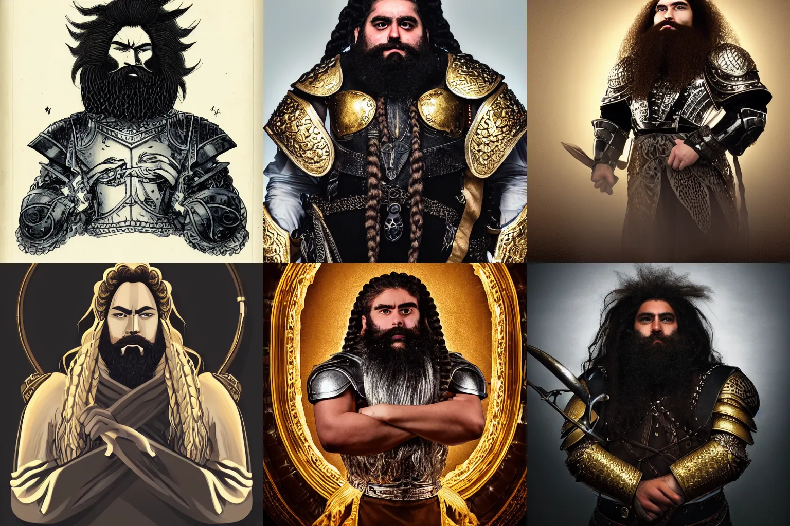 Prompt: portrait of a human man akin to a dwarf in human form with a big bushy beard with braids in it and a mane of black hair and silver armor with golden accents, stylistic, noble clothing, dramatic lighting, egotistical, irritable, serious cartoon