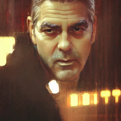 Image similar to george clooney, hyperrealistic portrait, bladerunner street, art of elysium by jeremy mann and alphonse mucha, fantasy art, photo realistic, dynamic lighting, artstation, poster, volumetric lighting, very detailed face, 4 k, award winning