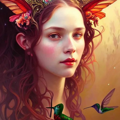 Image similar to Portrait of a girl with horns being surrounded by hummingbirds, face, fantasy, intricate, elegant, highly detailed, digital painting, artstation, concept art, smooth, sharp focus, illustration, art by Wei Fan and Fernanda Suarez and Artem Demura and alphonse mucha