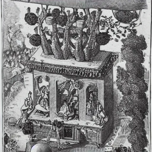 Prompt: a overhead view of a man in castle in the jungle getting praised and fanned by angels with fruits, detailed, golden furniture, nuremberg chronicle, adventure time,