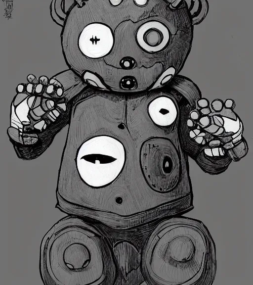 Image similar to beautiful little boy wearing an cyborg bear suit, artwork in kentaro miura and made in abyss and, inspired in super bomberman, smooth, beautiful lightness, anatomically correct, trending on pixiv, forest