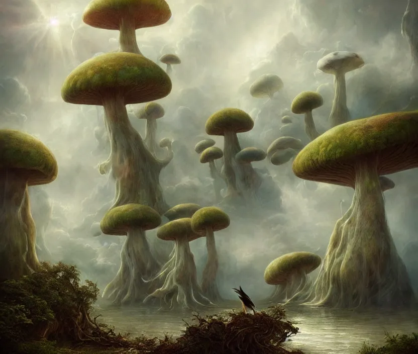 Image similar to floating lands in-clouds, foggy, volumetric fog, sun beams, blooming, bird flocks!!, giant mushrooms, giant roots wrapped lands, waterfalls, flying whales; by Tom Bagshaw, Ivan Shishkin, Hans Thoma, Asher Brown Durand