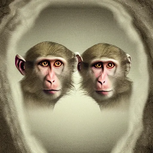 Image similar to two macaques looking at each other inside ancient cave, digital art, soft shadows, creepy art, flare effect