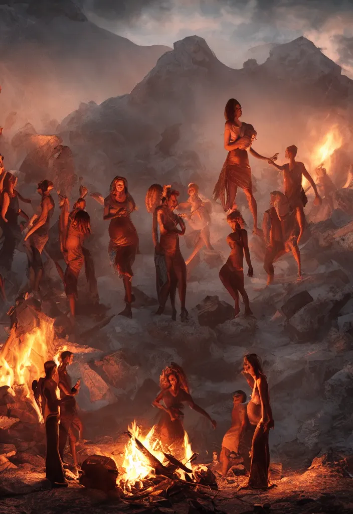 Image similar to epic leader pregnant woman talking to all her tribe around a bonfire, proud people looking at the pregnant woman, ice cave, facinating, fantasy digital art, octane render, beautiful composition, trending on artstation, award - winning photograph, masterpiece