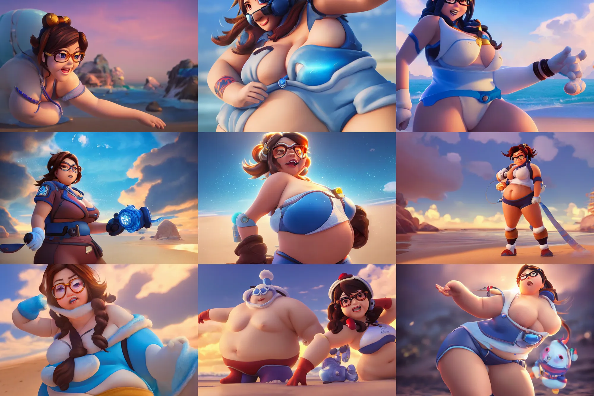 Prompt: hyperdetailed mei from overwatch as a disney pixar character, hd texture, beautiful 3D render, 8k, octane render, soft lighting, hyperrealistic, at the beach, sharp focus, golden hour, specularity, reflections, Mei-Ling Zhou, chubby