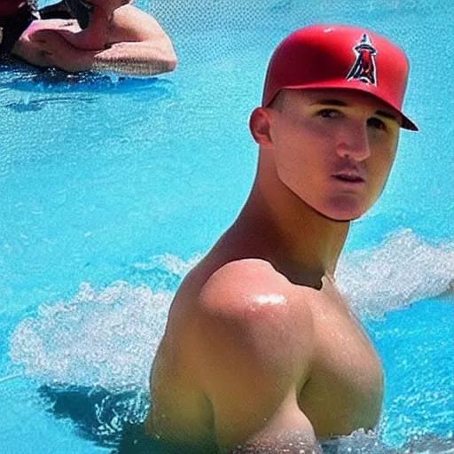 Prompt: “a realistic detailed photo of a guy who is named Mike Trout a baseball player, frozen like a statue, with shiny skin, by a pool, on display”