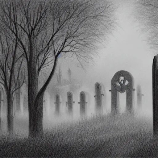 Image similar to an endless eerie graveyard with ancient tombstones, misty, strands of fog, catacomb in background, frame is flanked by dark trees, creepy, night, finely detailed extremely realistic black and white pencil drawing