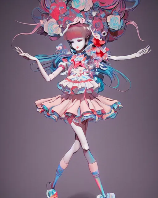 Image similar to james jean isolated vinyl figure harajuku magical girl character design, figure photography, dynamic pose, holographic undertones, motion shapes color design, glitter accents on figure, anime stylized, sharp focus, accurate fictional proportions, high delicate defined details, ethereal lighting