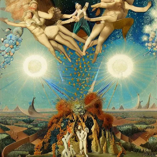 Image similar to solar winds are blowing neutron star controlling all is lost, doomed and tossed, at what cost forever meteors fly around me comets die, and then they and then they, you wanna see how they try to surround me i can say, here today, we shall stay forever, inspired by richard dadd