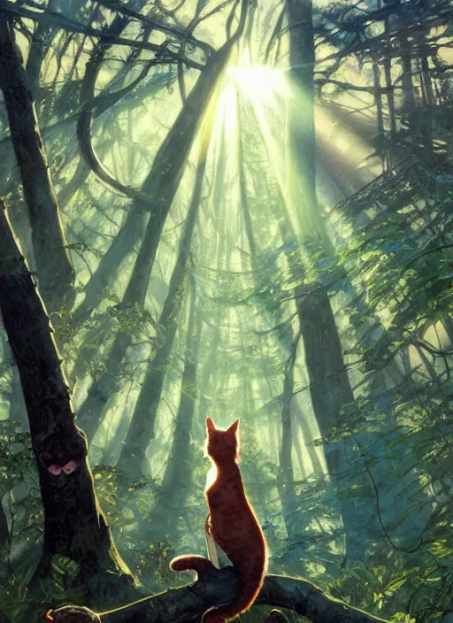 Image similar to a hyper realistic ink cat alien technology and sunbeams blue sky, lush forest foliage painting by chiara bautista and norman rockwell and greg rutkowski weta studio, and lucasfilm