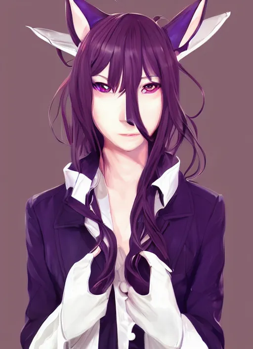 Image similar to portrait illustration by shigenori soejima, beautiful girl with fox ears, focus on face, purple - eyes, pretty, cinematic lighting, painterly, long wavy orange hair, light brown trenchcoat