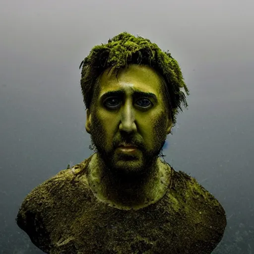 Image similar to Award-winning photograph by Mar Mann. The photo depicts a decaying roman bust of Nicolas Cage overgrown with moss at the bottom of the sea. Minimalism, high definition, perfect composition. Deep sea picture. Very dark. Volumetric Lighting. Fish. Darkness. Ruins