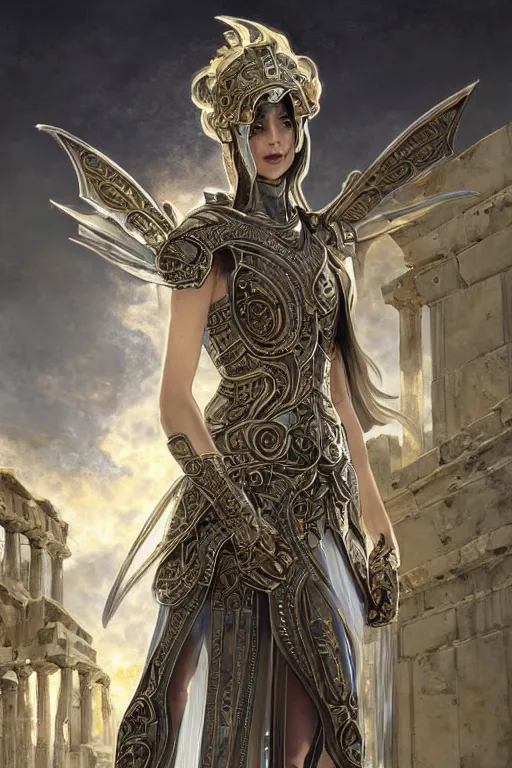 Image similar to portrait knights of Zodiac girl, metallic Silver and ice color reflected armor, in ruined Agora of Athens, ssci-fi, fantasy, intricate, very very beautiful, elegant, golden light, highly detailed, digital painting, artstation, concept art, smooth, sharp focus, illustration, art by art by artgerm and greg rutkowski and alphonse mucha and loish and WLOP