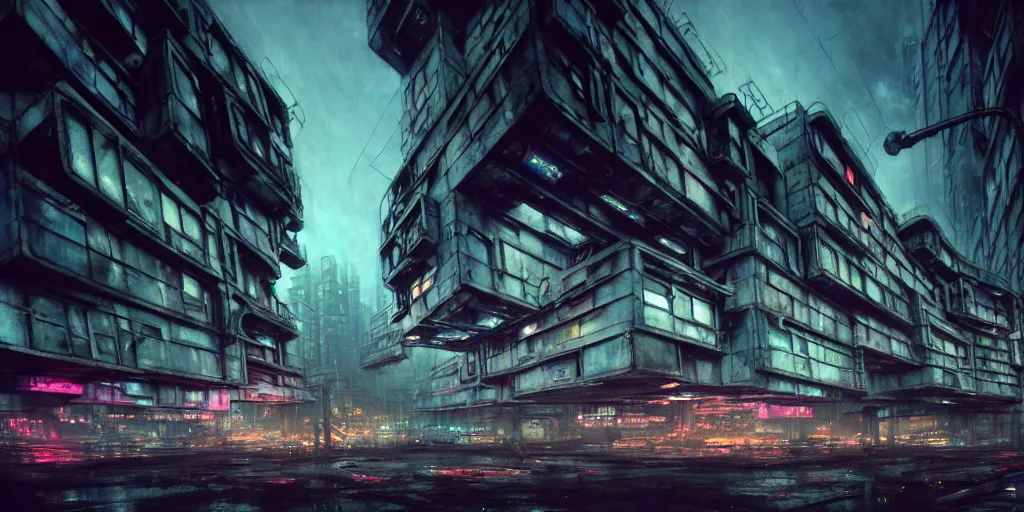 Image similar to concept art, octane render, a brooding, decrepit dystopian city, reflections, volumetric neon lighting, dramatic, white neon glow, 8 k, ultra - hd, insanely detailed and intricate, hypermaximalist, brutalist habitat 6 7, elegant, ornate, by gerald brom, by syd mead, akihiko yoshida, doug chiang, cinematic