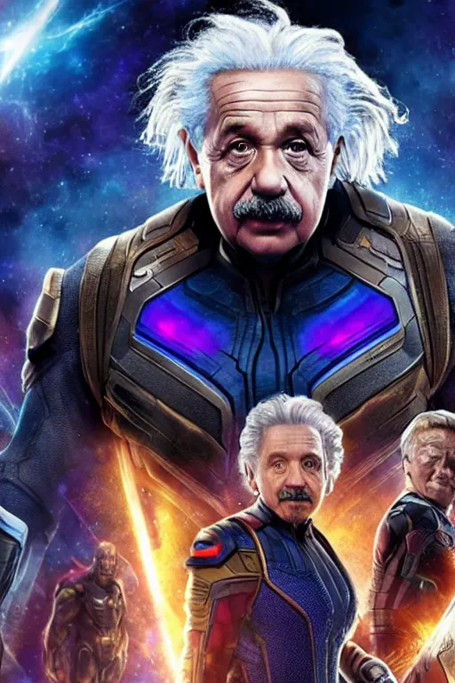 Image similar to A still of Albert Einstein as Thanos in Avengers Endgame, close-up, sigma male, rule of thirds, award winning photo, unreal engine, studio lighting, highly detailed features, interstellar space setting